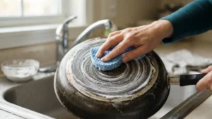 Aplicación de bicarbonato para limpiar sartén de teflón