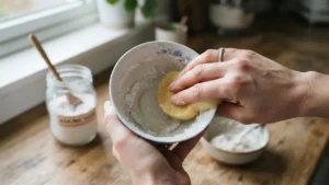 Aplicación de pasta de bicarbonato para limpiar taza de porcelana