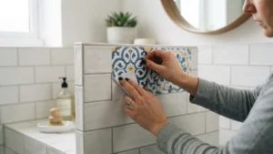 Aplicación de vinilo decorativo removible en azulejos de baño