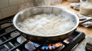 Arroz agregado al agua hirviendo antes de bajar el fuego
