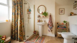 Baño rentado decorado con elementos removibles sin cambios permanentes