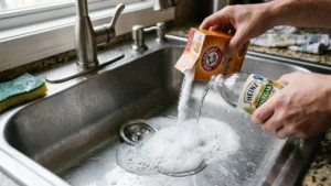 Bicarbonato y vinagre aplicados en el desagüe del lavamanos