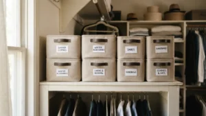 Cajas apilables etiquetadas en la parte superior del clóset