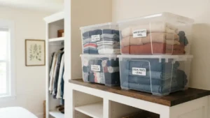 Cajas etiquetadas con ropa de temporada en la parte superior del clóset