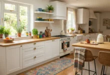 Cocina blanca decorada con color sin pintar los muebles