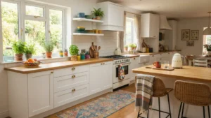 Cocina blanca decorada con color sin pintar los muebles