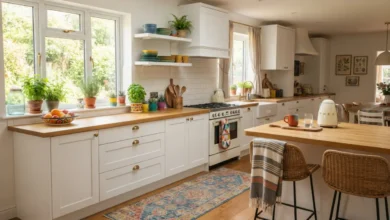 Cocina blanca decorada con color sin pintar los muebles