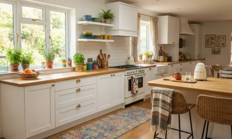 Cocina blanca decorada con color sin pintar los muebles