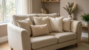 Cojines organizados en sofá pequeño para decorar sin gastar