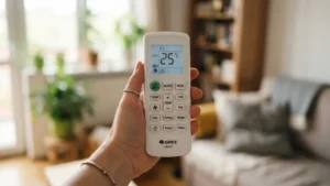 Control remoto ajustando la temperatura ideal del aire acondicionado