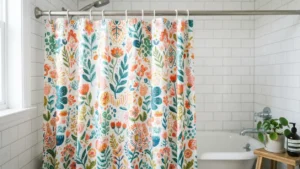 Cortina de ducha decorativa en baño rentado con azulejos blancos