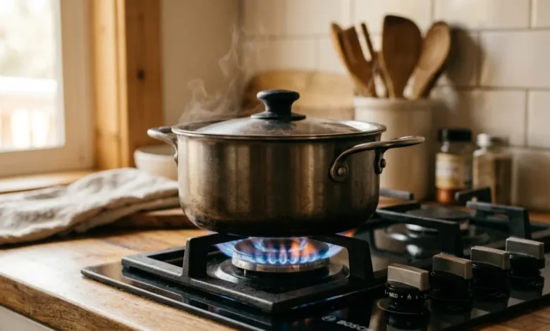 Estufa de gas ahorrando energía al cocinar arroz