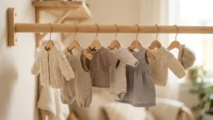 Ganchos de tamaño infantil con ropa de bebé organizada