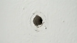 Hoyo pequeño de clavo en la pared antes de la reparación