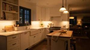 Iluminación cálida de acento en cocina blanca