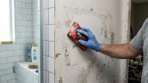Lijado de pared de baño antes de aplicar sellador antihumedad