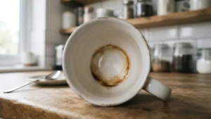 Mancha de café visible en el interior de una taza de porcelana
