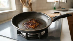 Mancha de grasa quemada en el fondo de una sartén de teflón