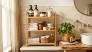 Organizador de repisa y planta decorativa en baño rentado