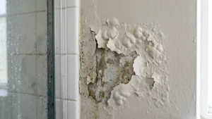 Pintura descascarada cerca de la regadera antes de la reparación