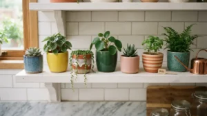 Plantas en macetas de color decorando una cocina blanca
