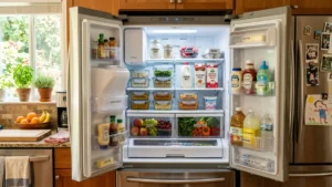 Refrigerador limpio y organizado con alimentos etiquetados
