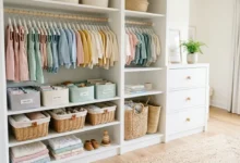 Ropa de bebé organizada en clóset compartido con los padres