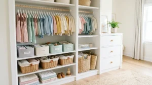 Ropa de bebé organizada en clóset compartido con los padres