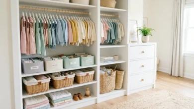 Ropa de bebé organizada en clóset compartido con los padres