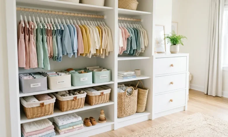 Ropa de bebé organizada en clóset compartido con los padres