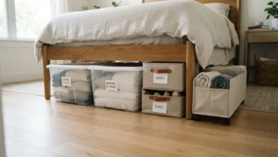 Ropa de temporada organizada sin bodega en cajas bajo la cama