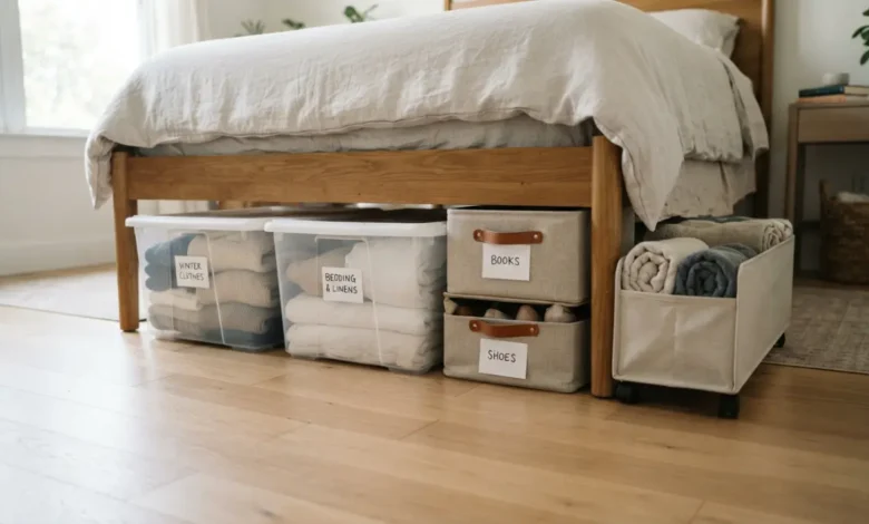 Ropa de temporada organizada sin bodega en cajas bajo la cama
