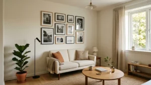 Sala pequeña ordenada con decoración mínima y punto focal claro