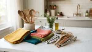 Textiles y utensilios de color en cocina blanca