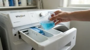 Vaso medidor de detergente ajustando la dosis correcta
