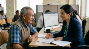 Adulto mayor recibiendo orientación para consultar programas sociales en Colombia.