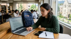 Estudiante consultando información sobre Renta Joven 2026 por internet.