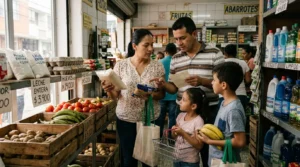 Familia colombiana organizando compras de alimentos y gastos del hogar.