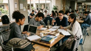 Jóvenes colombianos estudiando en educación superior y formación técnica.