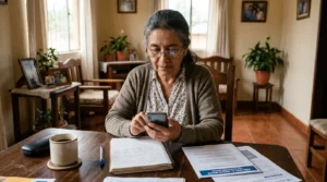 Mujer adulta mayor consultando información sobre Colombia Mayor.