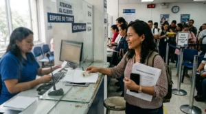Mujer colombiana siendo atendida para cobrar una transferencia económica.