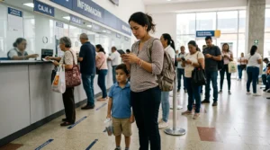 Mujer consultando información de Renta Ciudadana mientras espera en fila.