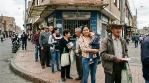 Personas colombianas haciendo fila para recibir una ayuda económica.