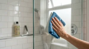 Resultado después de quitar sarro de mampara de vidrio