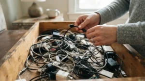 cables, cargadores y adaptadores antes de organizar cables y cargadores