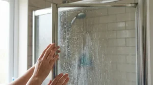 la mampara de vidrio del baño antes de quitar sarro de mampara de vidrio