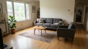 una sala con zona de estar antes de elegir alfombra para sala