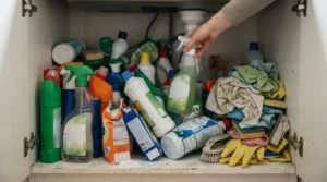 Resultado después de organizar productos de limpieza