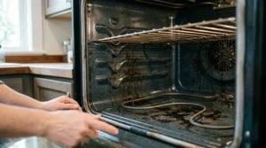 el interior esmaltado de un horno antes de limpiar grasa del horno