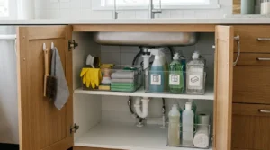 productos domésticos de limpieza antes de organizar productos de limpieza
